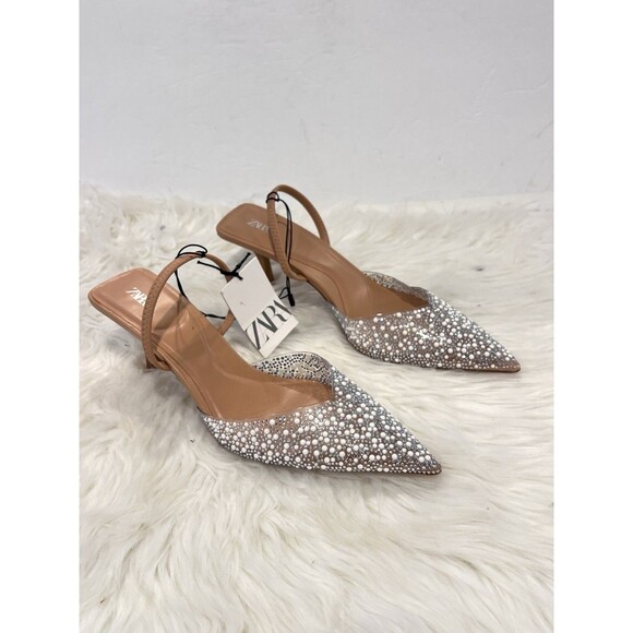 Zara Women's Pearl  Pointed Toe Slingback Heels CL8 Beige Size US 9 - Picture 4 of 12